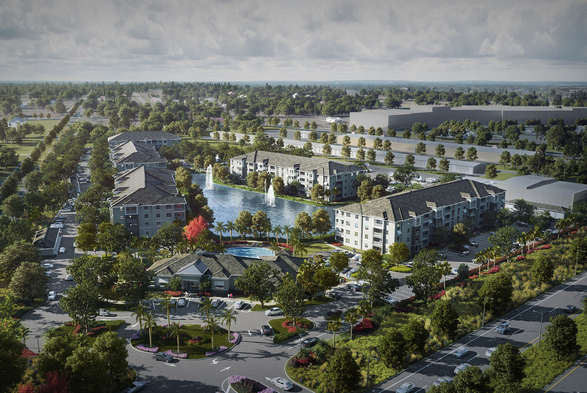 Aerial rendering of apartment complex and surrounding landscape