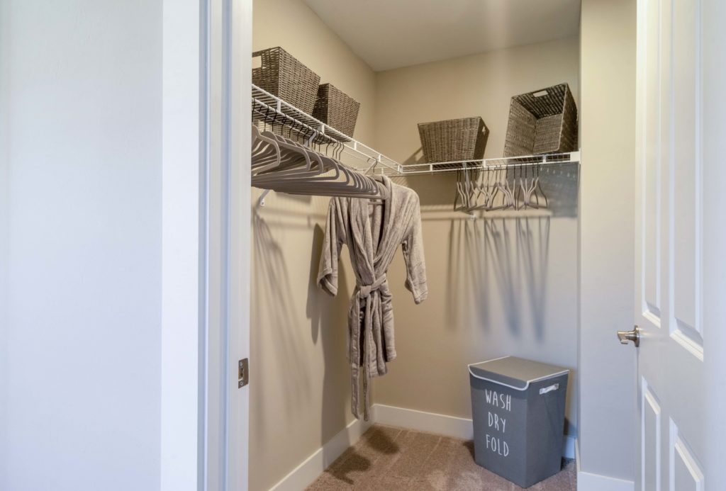 Closet with clothes hampers, carpet flooring, hangers, and designer lighting